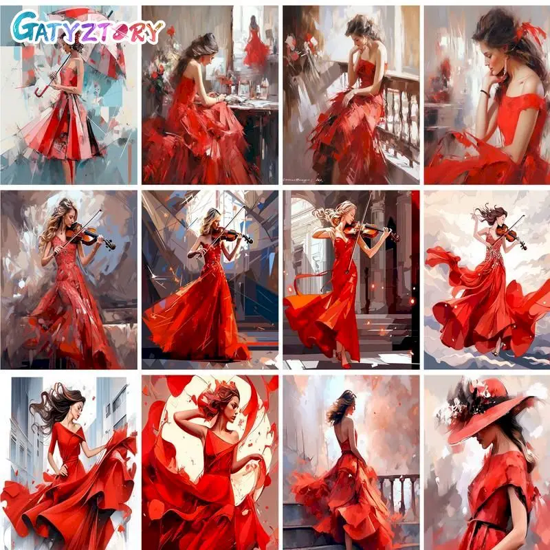 GATYZTORY Rahmenbild, Malen nach Zahlen, 40 x 50 cm, rotes Kleid, Tänzerin, Kunsthandwerk, Malen mit Zahlen, personalisiertes Geschenk für Heimdekorationen Image