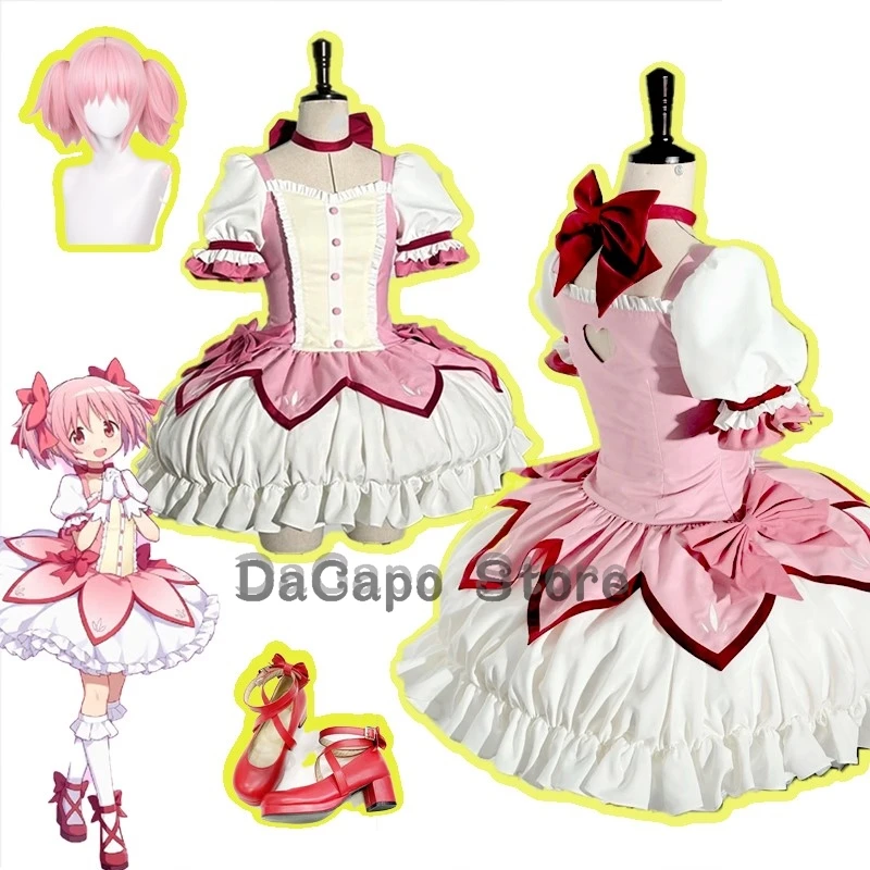 Madoka Kaname Cosplay Kostüm Perücke Puella Magi Madoka Magica Rosa Lolilta Süßes Kleid Madoka Halsband Schuhe Anime Cosplay Outfits
