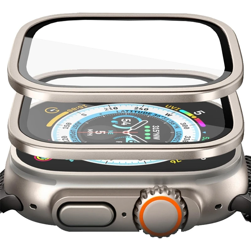Custodia in lega di alluminio + vetro temperato per Apple Watch Ultra 2 49mm, protezione schermo antigraffio per iWatch Ultra 49mm, pellicola protettiva