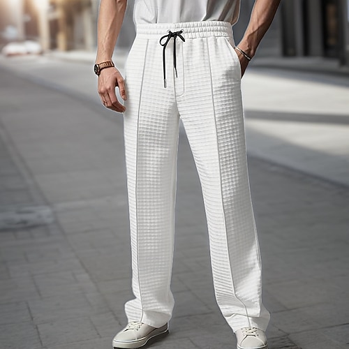 Herren Sporthose Jogginghose Hose Waffelhose Tasche Elastischer Bund Kordelzug Einfach Komfort Sport im Freien Täglich Mode Lässig Schwarz Weiß Mikroelastisch Image