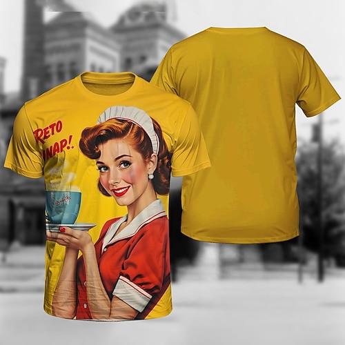 T-Shirt Retro Poster Retro-Mädchen 1950er Retro Vintage T-Shirt Ärmel Grafik für Herren Erwachsene 3D-Druck für Maskerade Täglich Urlaub Party Image