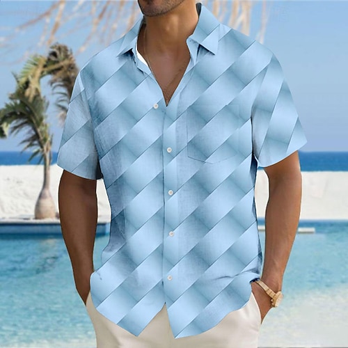 Herren Geometrisch Karo / Karomuster Hemd Knopfhemd Kurzarm Modisch lässig Urlaub Ferien Streetwear Sommer Umlegekragen 3D-Druck Hemden mit Kragen Eine Tasche vorne Gelb Rosa Blau Grau Image