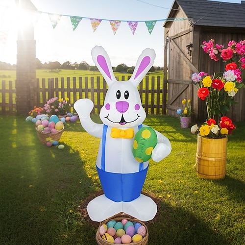 Aufblasbares Ostermodell, 1,9 m/6,2 Fuß Overall, Kaninchen hält Ostereiform mit Licht, AU/EU/UK/US-Stecker, für den Innen- und Außenbereich, Hof, Garten, Rasenparty, Osteratmosphäre, Dekoration Image