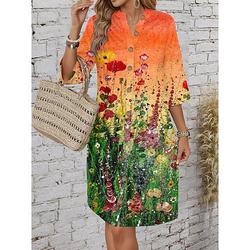 Damen Minikleid Casual Kleid Sommerkleid Stylisch Basis Lässig Urlaub Alltag Reguläre Passform Floral Grafisch 3/4 Ärmel V-Ausschnitt Orange Sommer Frühling