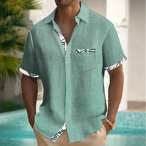 Herren Blatt Tropische Pflanzen Leinenhemd Sommer Hawaiihemd Knopfhemd Kurzarm Hawaiianisch Resort Urlaub Ferien Strandbekleidung Sommer Frühling Umlegekragen Hemden mit Kragen Eine Tasche vorne Rosa Image