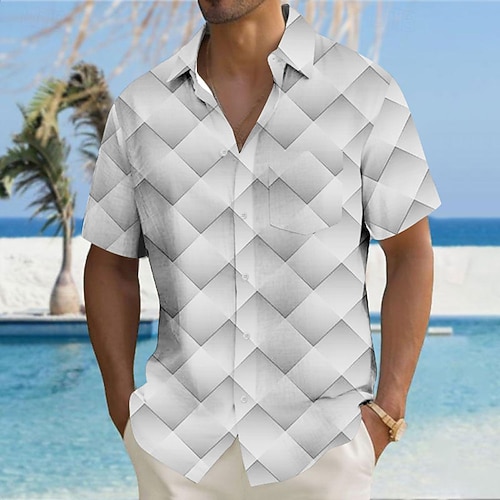 Herren Geometrisch Karo / Karomuster Hemd Knopfhemd Kurzarm Modisch lässig Urlaub Ferien Streetwear Sommer Umlegekragen 3D-Druck Hemden mit Kragen Eine Tasche vorne Gelb Blau Grün Grau Image