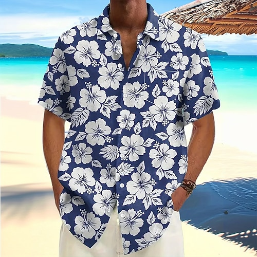 Herren Blumendruck Blumen Hemd Sommer Hawaiihemd Knopfhemd Kurzarm Hawaiianisch Resort Urlaub Ferien Strandbekleidung Sommer Umlegekragen 3D-Druck Hemden mit Kragen Eine Tasche vorne Blau Image