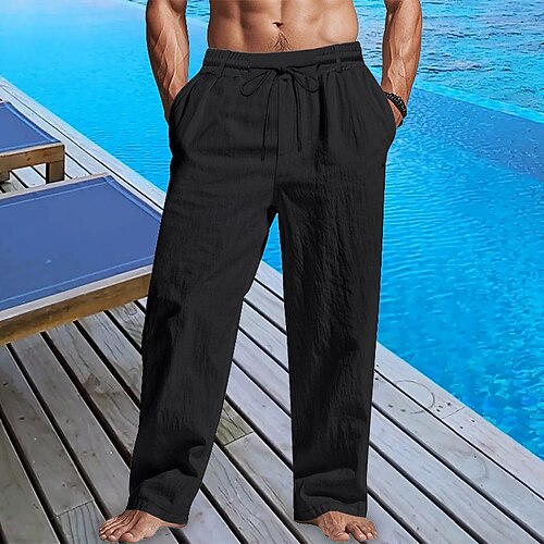 Herren Leinenhosen Hose Sommerhose Strandhose Kordelzug Tasche Elastischer Bund Einfach Komfort Atmungsaktiv Täglich Strand Urlaub Hawaiianisch Boho Schwarz Weiß Image