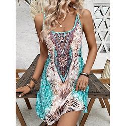 Robe Mini Femme Robe Évasée Robe d'été Off the Shoulder Vacances Décontractée Quotidienne Détente Graphique Bohémien Sans Manches Encolure U Bleue Été