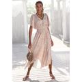 Maxikleid LASCANA, Damen, Gr. 46, N-Gr, beige (sand, beige bedruckt), Satin, Obermaterial: 100% Polyester, bedruckt, animal-print, modisch, figurumspielend knöchellang, tiefer V-Ausschnitt, Kurzarm Fledermausärmel, Kleider, mit Animalprint, luftiges...