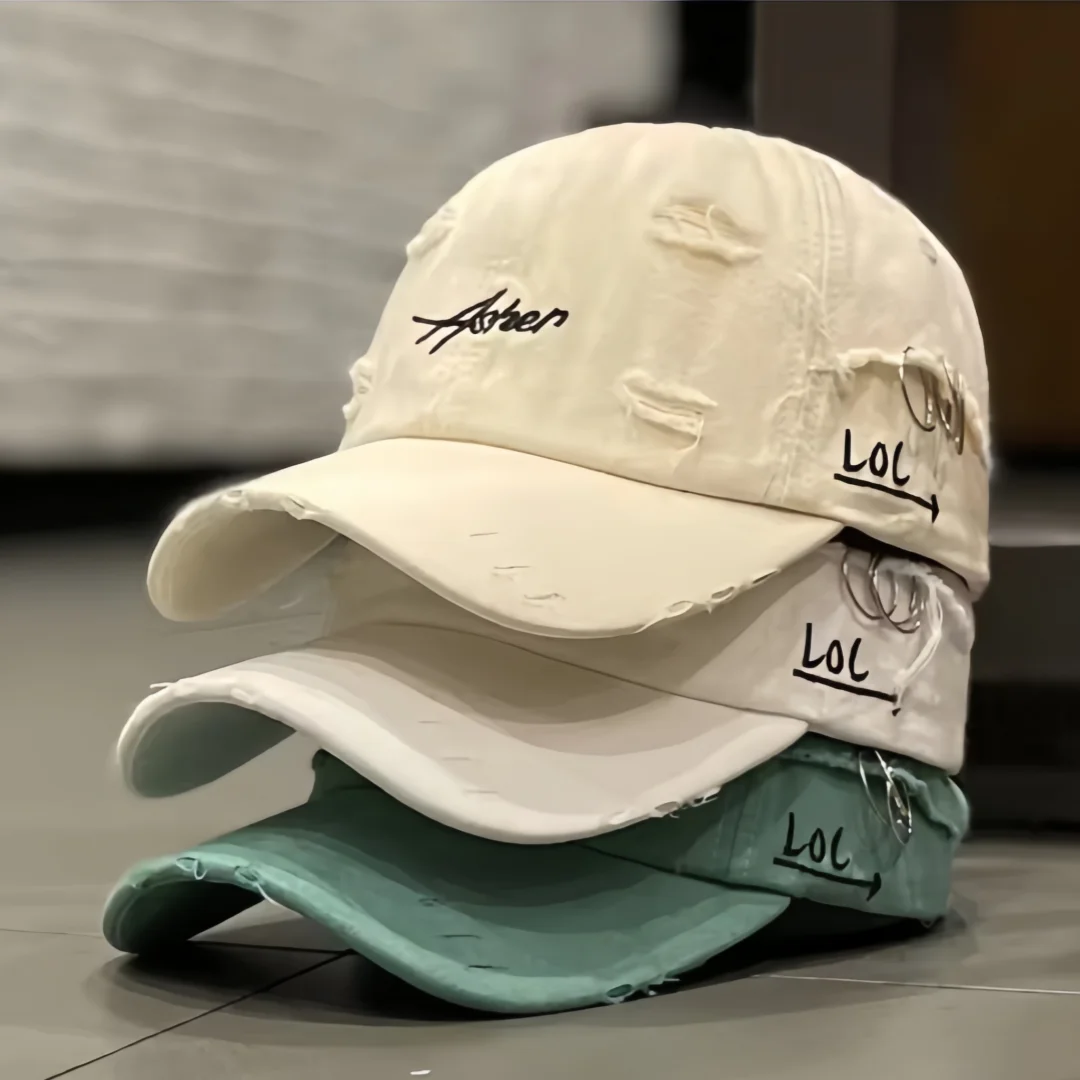 Neue Vintage-Papa-Mütze aus gewaschener Distressed-Baumwolle, Unisex, Asher, bestickt, perforierte Eisenring-Baseballkappen für Männer und Frauen Image