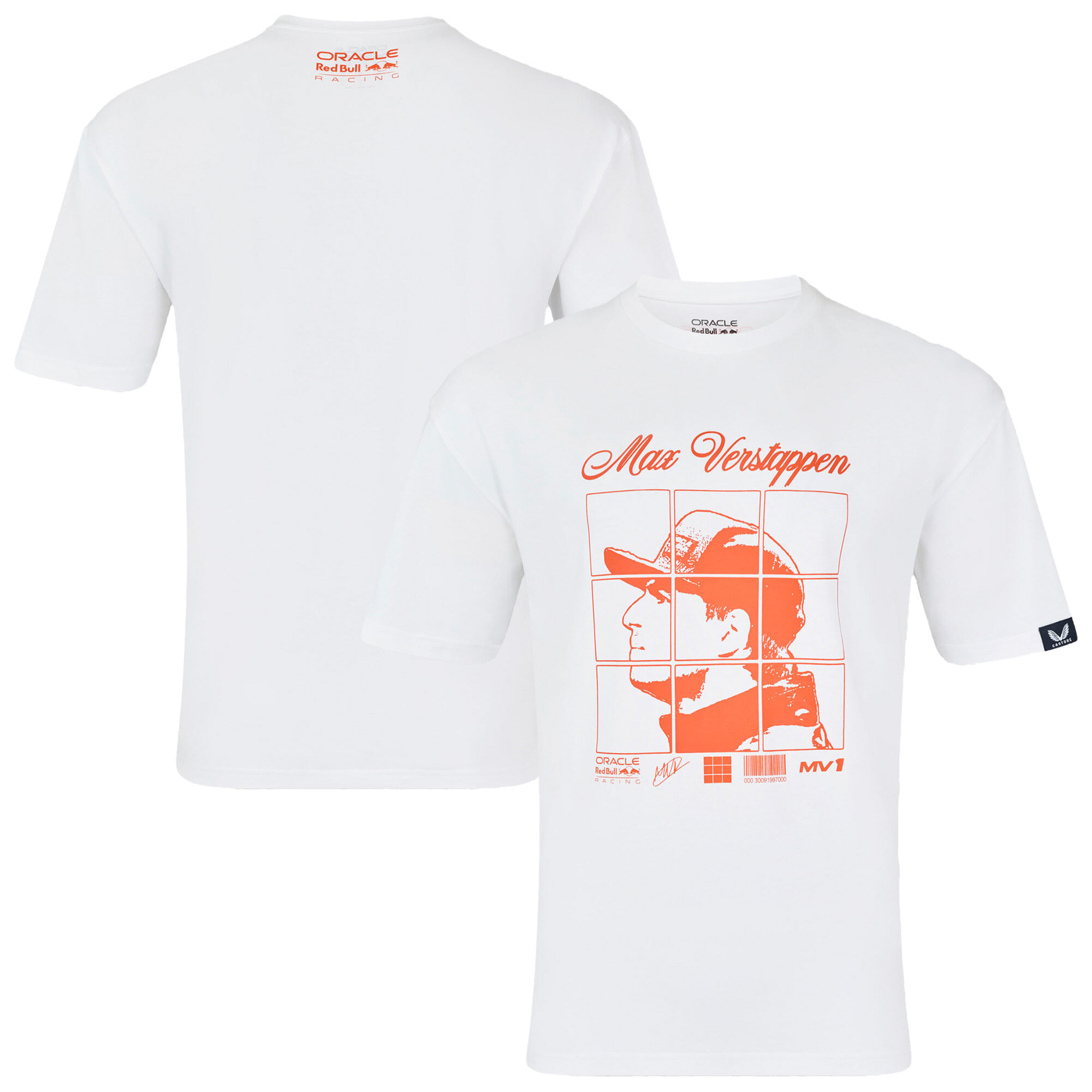 Red Bull Racing Max Verstappen Puzzle-Fahrer-T-Shirt – Weiß – Unisex Image