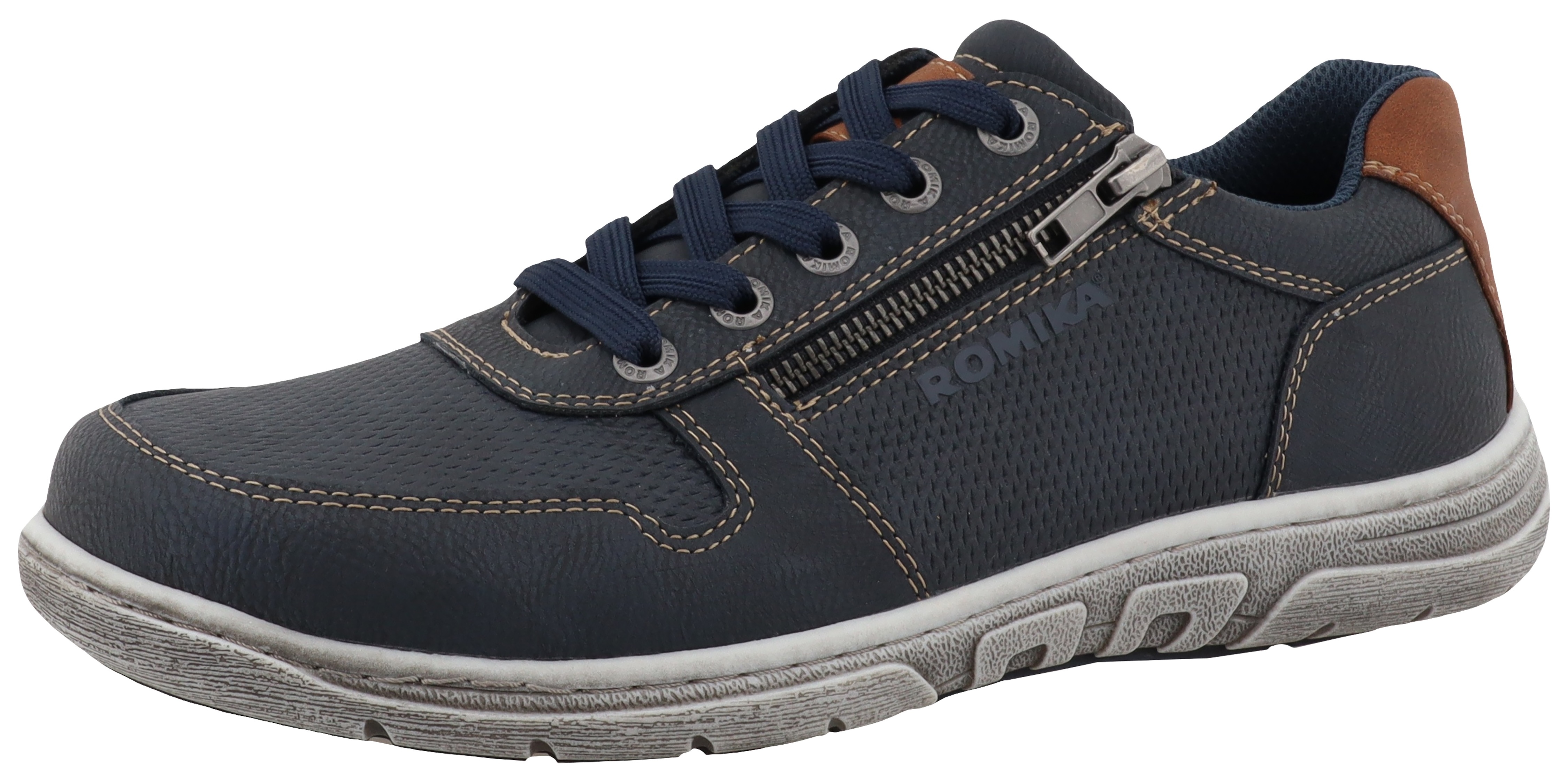 Sneaker ROMIKA, Herren, Gr. 44, blau (navy, braun), Lederimitat, kontrastfarbene Details, Schuhe Sneaker, Halbschuh, Freizeitschuh, Schnürschuh mit modischen Kontrastnähten