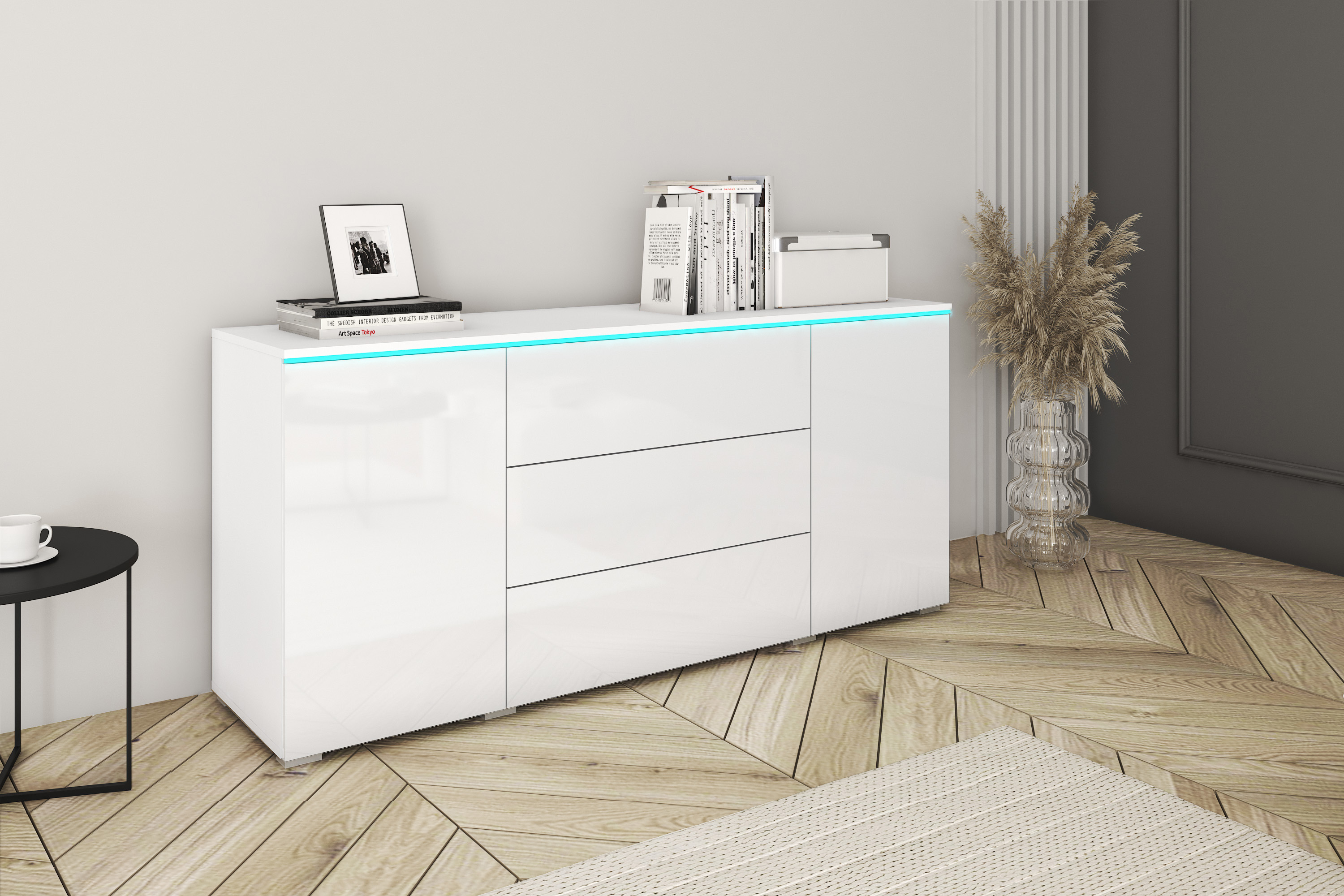 Sideboard INOSIGN "VERA, grifflos", weiß (weiß, weiß hochglanz), B:150cm H:67,9cm T:39,5cm, Sideboards, verstellbare Einlegeböden, Wahlweise mit oder ohne Beleuchtung Image