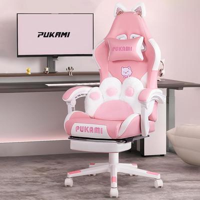 BOSSIN Gaming Chair with Cat Ears and Cat Paw Cushion Pillow,Cute Kawaii Reclining Computer Chair for Girl with Footrest