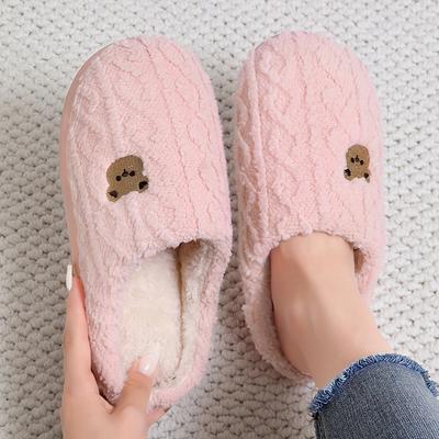 TEMU Unisex Winter Cartoon Bear Slippers, , Warm Indoor Slip-on House Shoes, Non-slip Tpr Sole, Fabric Upper & Inner, Cozy Footwear