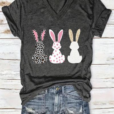 TEMU Women's V-neck T-shirt - Stylish Rabbit Top, Lightweight Polyester Knit Fabric, Breathable & Comfortable For Casual Attire, Apparel | | Design