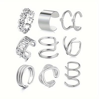 TEMU Set Of 9 Classic Casual Style Fashionable Clip-on Earrings For Women, Safe And Painless Non-piercing Ear Clips Made Of Stainless Steel In Silvery And Black Colors, Non-piercing Jewelry Set