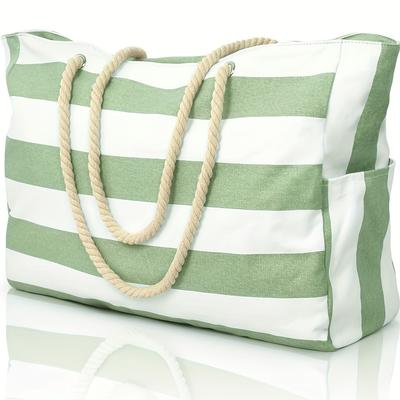 TEMU Fashionable Striped Canvas Beach Backpack, Beach Bag, Large Capacity Portable Storage Bag, Shoulder Bag. Image