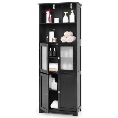 Costway 6-Tier Freestanding Bathroom Cabinet with 2 Open Compartments and Adjustable Shelves-Black
