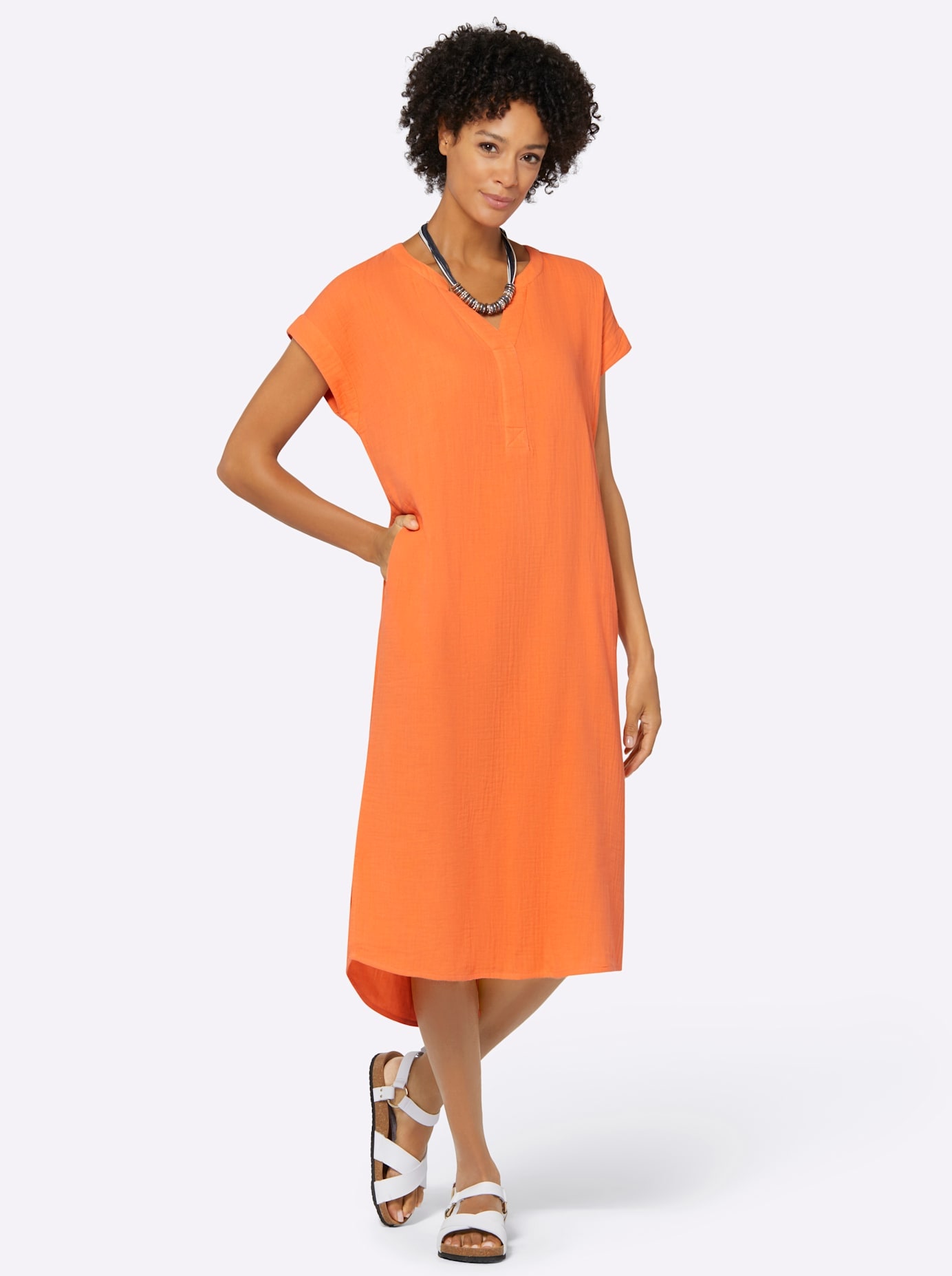 Sommerkleid CASUAL LOOKS "Kleid", Damen, Gr. 50, Normalgrößen, orange, 100% Baumwolle, unifarben, knielang, V-Ausschnitt, Kleider Image