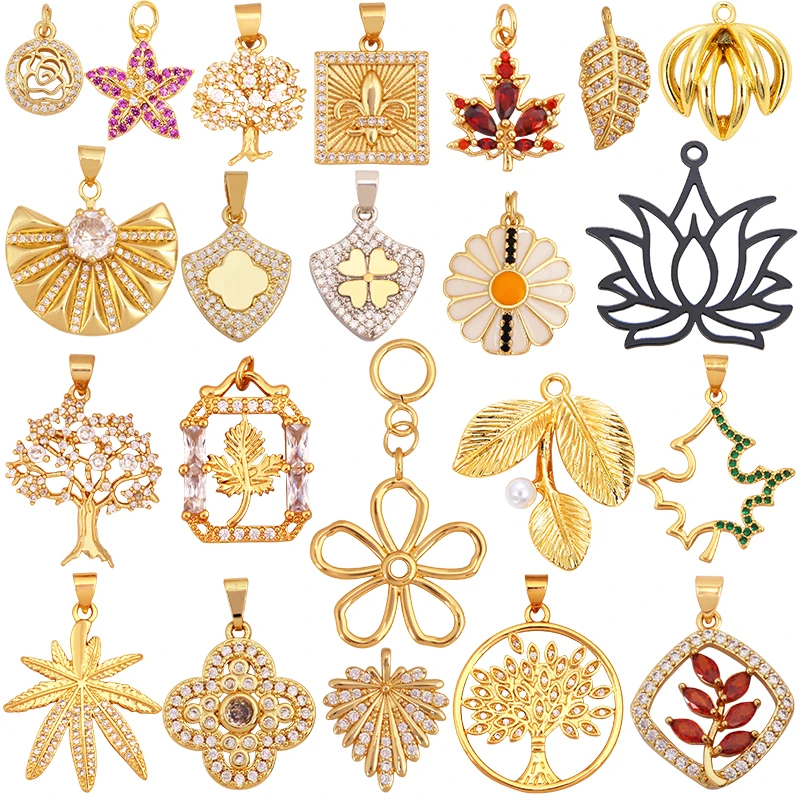 Süße Sonne Rose Blume Ahornblatt Kleeblatt Baum Charm Anhänger, echte 18 Karat Gold Muschel Zirkon Schmuckzubehör Halskette Zubehör S07