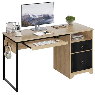 Bestier 56"w Writing Computer Desk With Storage And Keyboard Tray, Natural Oak