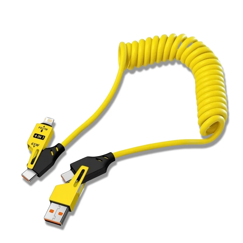 Cavo dati corto a molla 4 in 1 da 65 W Cavo USB a molla telescopico per caricabatterie rapido a molla 6A USB tipo C per iPhone 15 14 13 12
