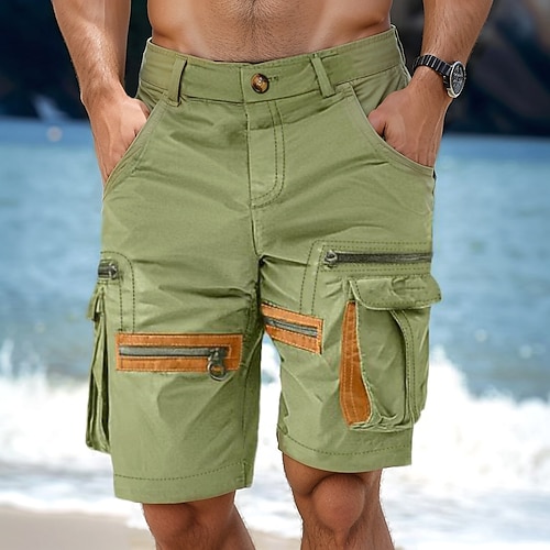 Herren Cargo-Shorts Shorts Freizeitshorts Reißverschlusstasche Mehrere Taschen Gerader Schnitt Einfach Komfort Knielang Lässig Täglich Ferien Mode Streetwear Schwarz Grün Mikroelastisch Image