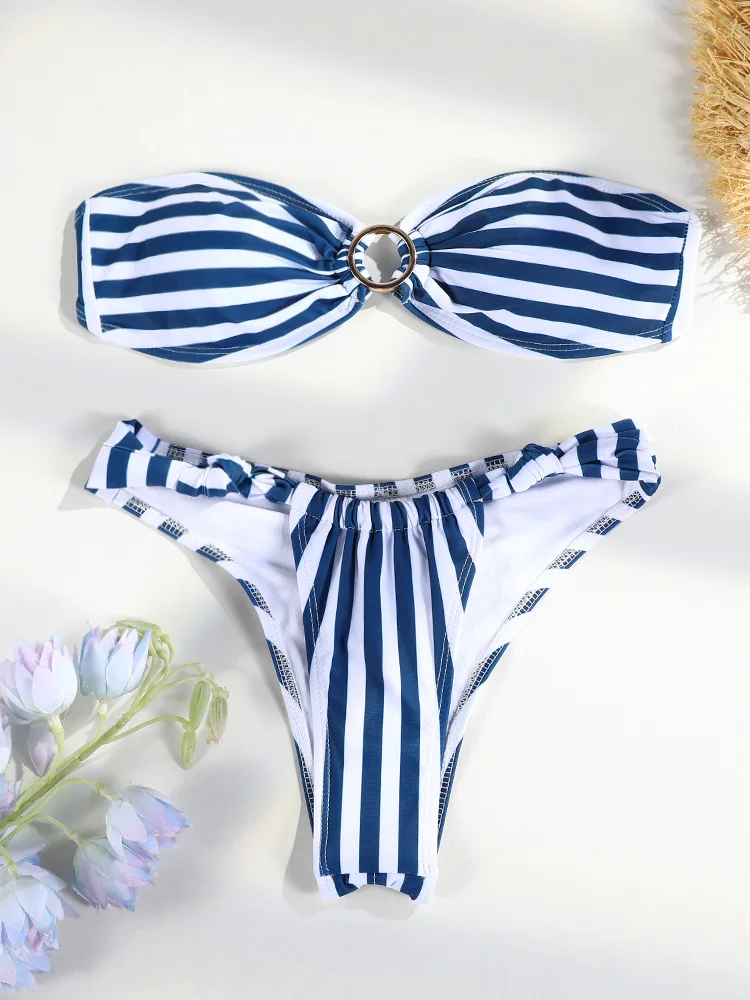 2025 Neues gestreiftes Bandeau-Bikini-Set für Damen-Badeanzug, sexy String-Bikini, Bademode, Bandage, brasilianischer Bademode-Badeanzug Image