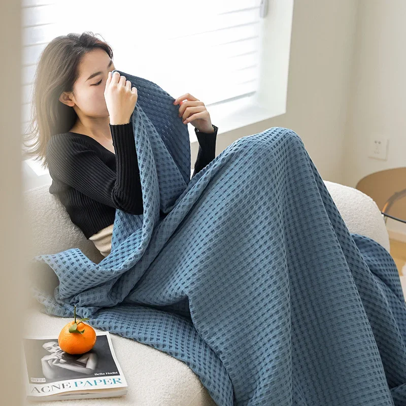 100% Baumwolle Waffelstruktur-Decke Leichte Atmungsaktive Sommer-Kühldecke für Bett Sofa Einzel- und Doppelgröße Image