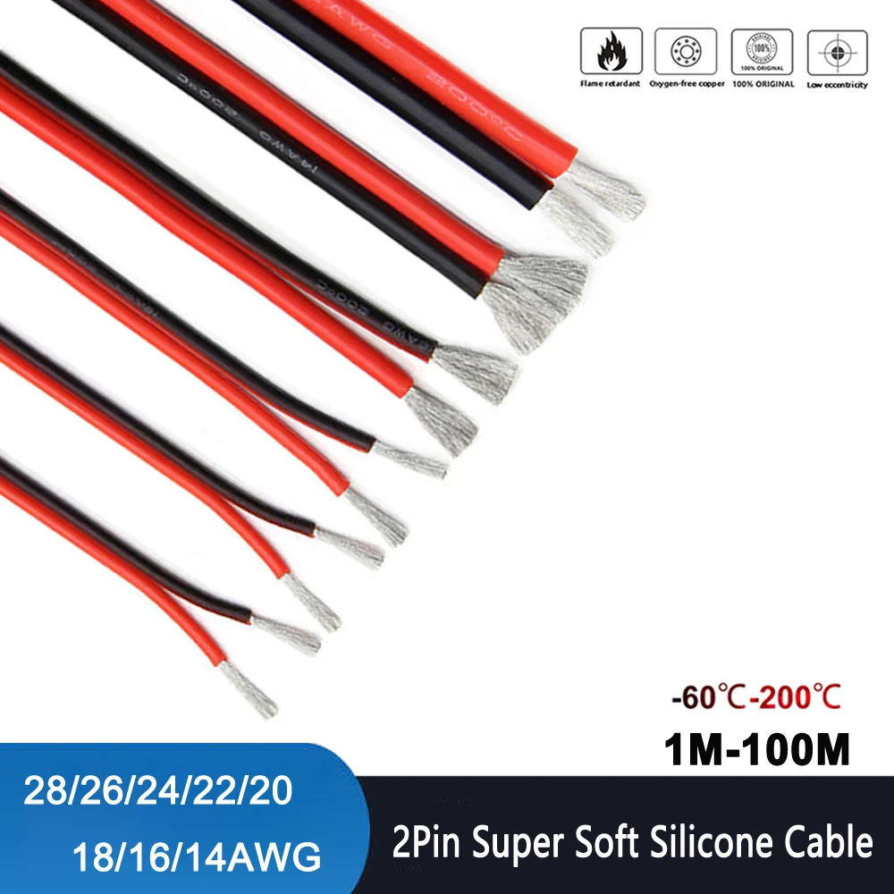 2-poliges, superweiches, flexibles rotes und schwarzes Silikonkabel, 28 AWG, 26, 24 AWG, 22, 20, 18, 16 AWG, 14 AWG, hitzebeständiger verzinnter Kupferdraht Image