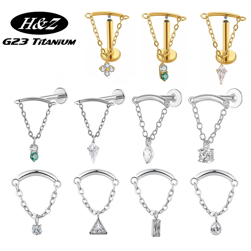 1PC ASTM F136 Titanium Piercing Labret Stud Internal Thread Lip Stud CZ Flower Pendant Chain Helix Tragus G23 Titanium Jewelry