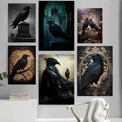 1pc Victorian Gothic Fine Art Prints Black Cat Raven Poster Self-adhesive Art Waterproof Paper