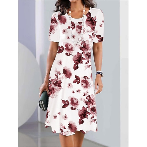 Abito midi elegante da donna per feste serali con scollo tondo e maniche corte abito casual abito shift estivo stile elegante vestibilità regolare grafica floreale nera e bianca rossa blu viola