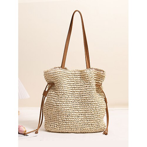 borsa a secchiello in paglia intrecciata a mano – borsa a tracolla con coulisse boho, borsa da spiaggia estiva leggera per donna, accessorio casual per vacanze e viaggi colore beige caffè
