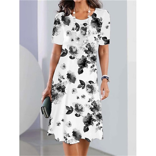 Abito midi elegante da donna per feste serali con scollo tondo e maniche corte abito casual abito shift estivo stile elegante vestibilità regolare grafica floreale nera e bianca rossa blu viola
