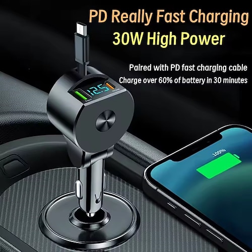 Caricabatteria accendisigari per auto 3 in 1, 30 W ad alta potenza, estensibile liberamente, archiviazione automatica, ricarica super veloce per auto