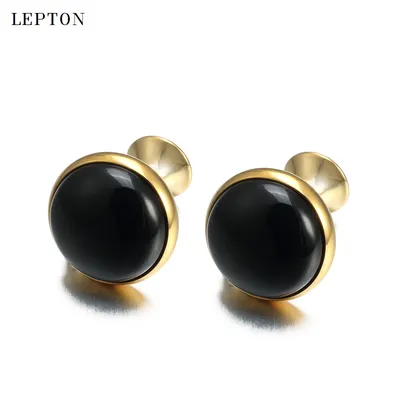 Low-key Luxury Black Onyx Cufflinks for Mens Business Lepton High Quality Gold Color Round Onyx