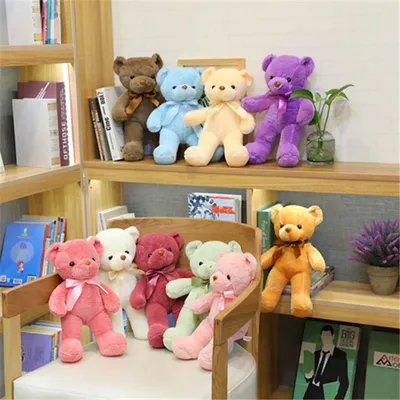 30CM Color Small Teddy Bear Plush Toy Short Hair Cute Birthday Wedding Gift Bear Doll Ribbon Bear