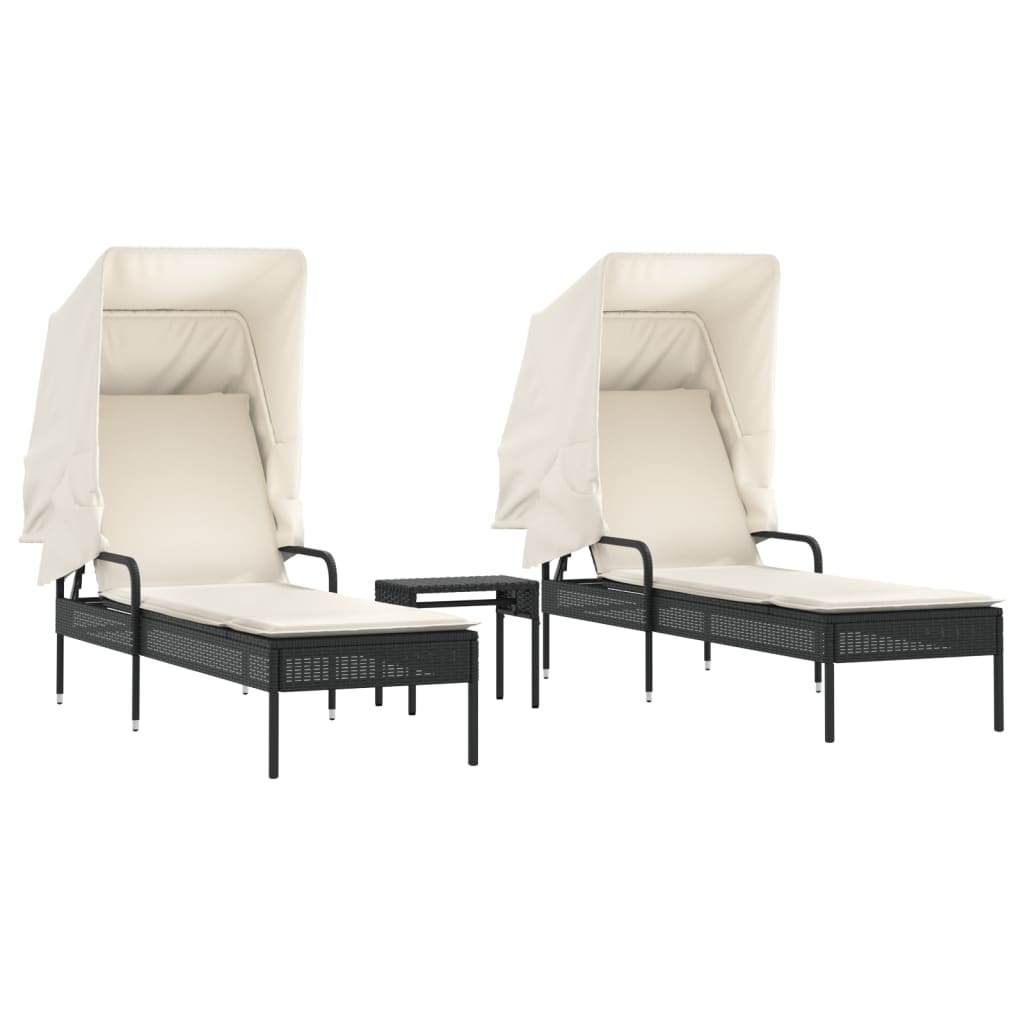 vidaXL Sonnenliegen 2 Stk. mit Dach und Tisch Schwarz Poly-Rattan Image