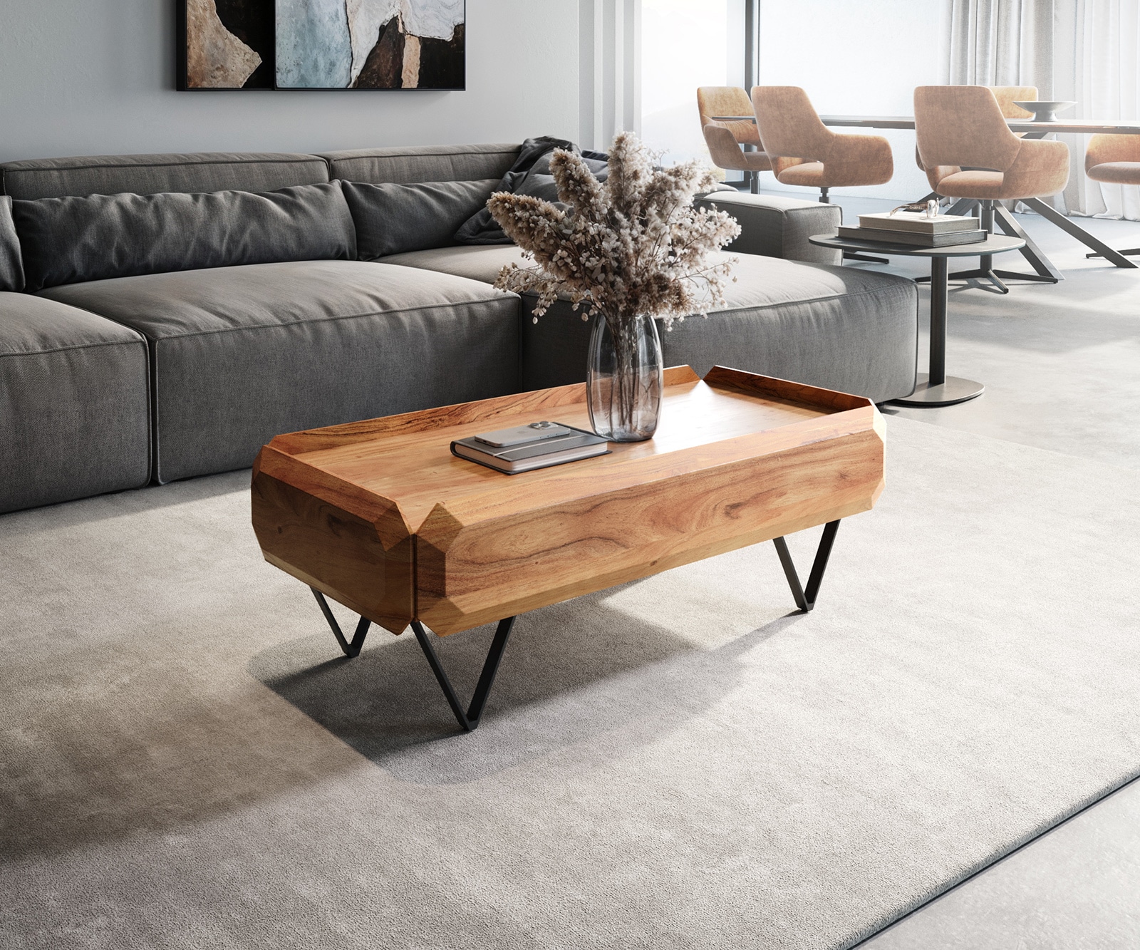 DELIFE Couchtisch Kiano 100x50 cm Akazie Natur 2 Schübe V-Fuß Schwarz, Couchtische Image