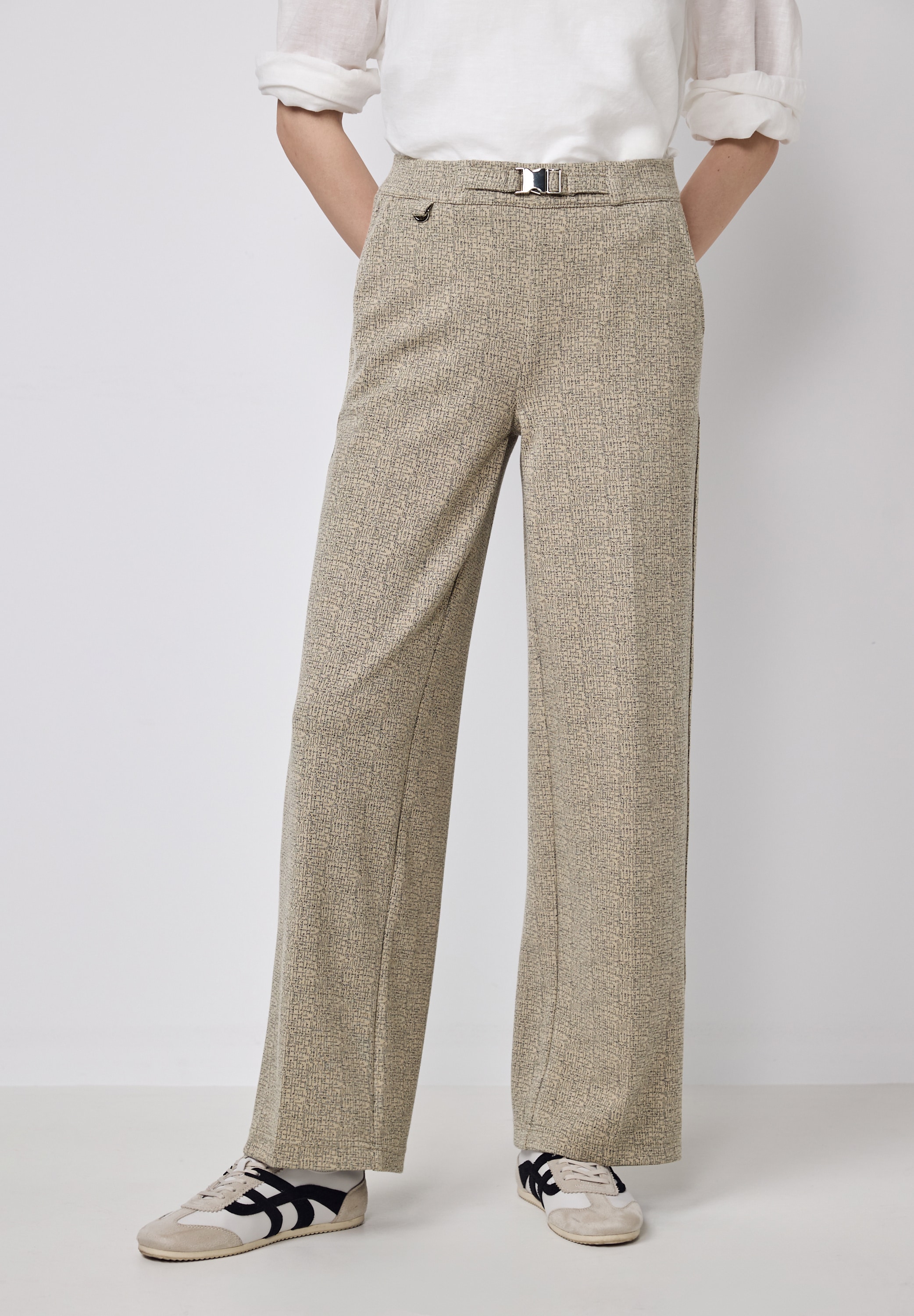 Stoffhose STREET ONE STUDIO, Damen, Gr. 46, Länge 30, beige (clove beige), Stoff, 70% Polyester, 25% Viskose, 5% Elasthan, meliert, loose fit lang, Hosen Stoffhose, High Waist
