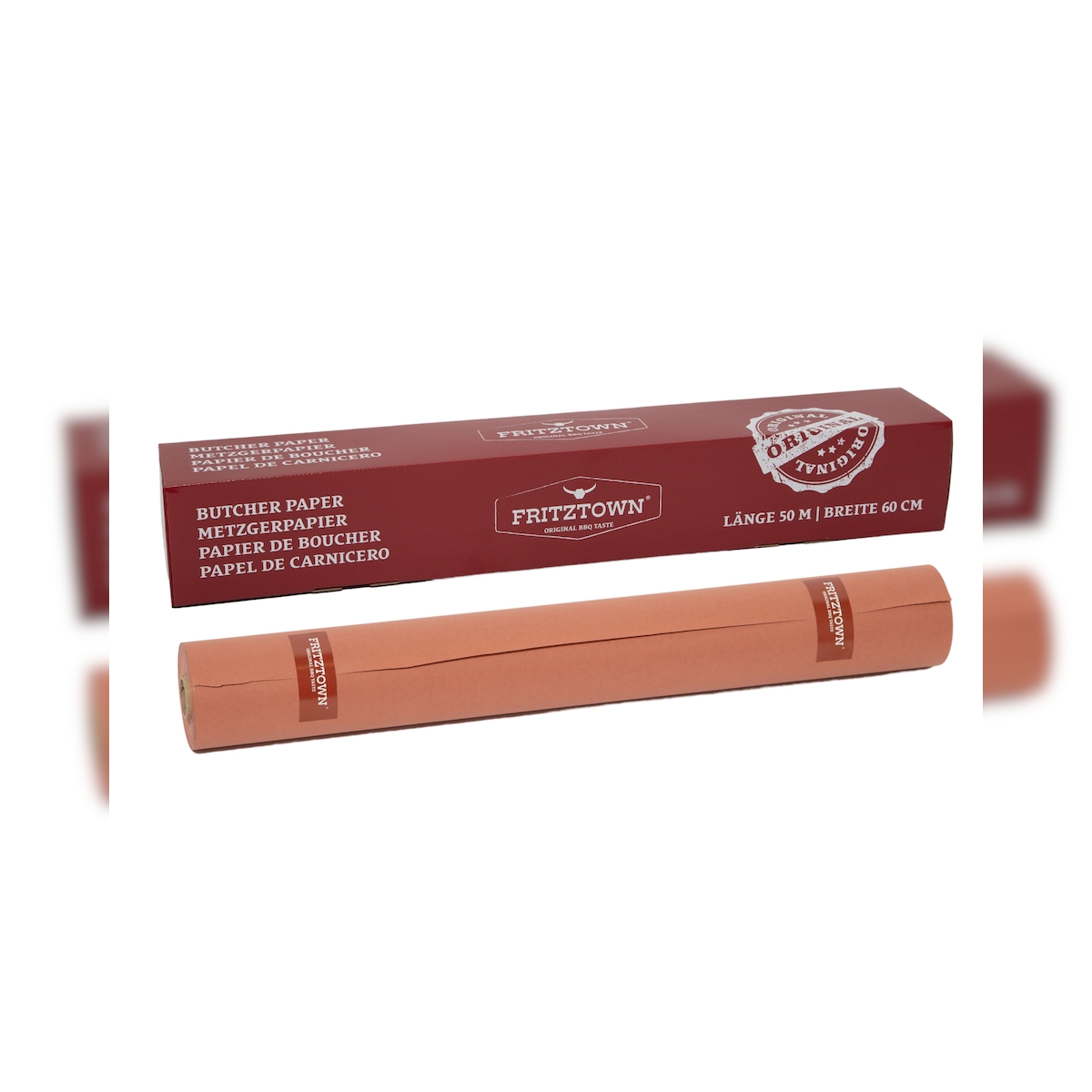 FRITZTOWN® Butcher Paper Deluxe Pink 60cm x 50m Rolle-Box mit Abreißkante | Kraftpapier Grillpapier | Ideal für BBQ, Smoken Fleischverpackung Image