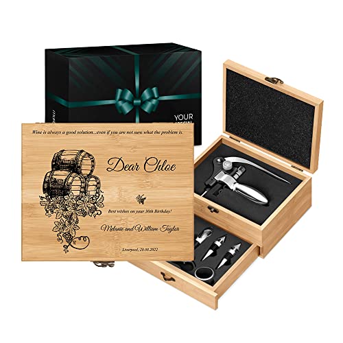 Maverton Wine Opener Set - Engraved Sommelier Corkscrew Set - Stainless Steel Wine Opening Accessories - Customized Wine Opening Kit in Bamboo Case - Gift for Woman - Barrel