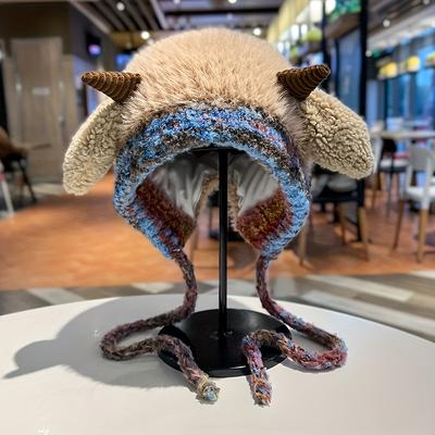 TEMU Cozy Fleece Lamb Ear Beanie With Pom - Cute & Warm Knit Hat For Women, Winter Outdoor Activities Image