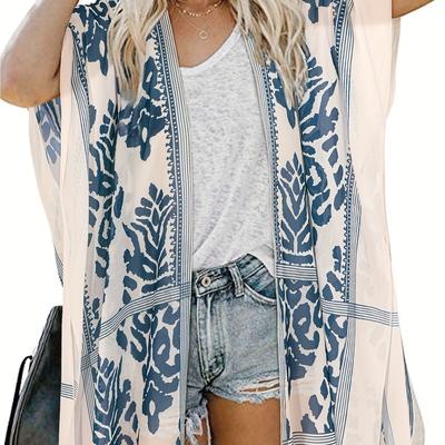TEMU Bohemian Style Front Kimono Cardigan, Casual Elegant Vacation Outerwear With Design, Lightweight Beach Cover-up Image