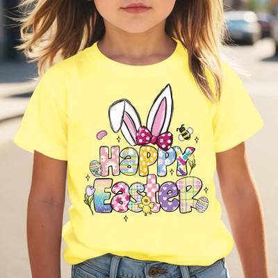 TEMU Chicfull Girls' Easter Bunny T-shirt, Cartoon Pattern, Casual Crew Neck Knit Top, Polyester 100%, Slight Stretch, Regular Fit For Spring/summer