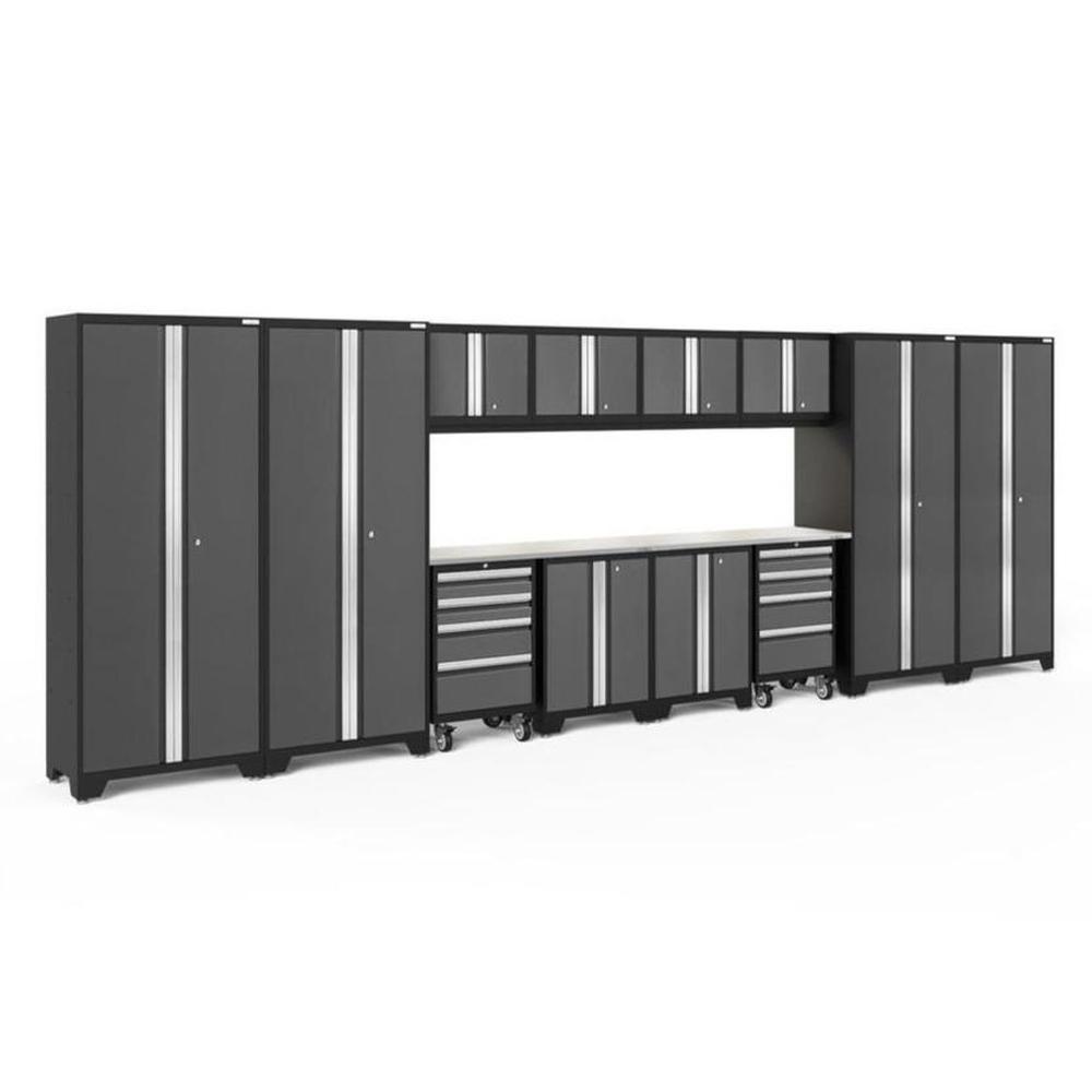 Newage Products Bold 3.0 Series 14-Piece Garage Cabinet Set With 4X Multi-Use Lockers, Grey / Stainless Steel Worktop / LED Lights