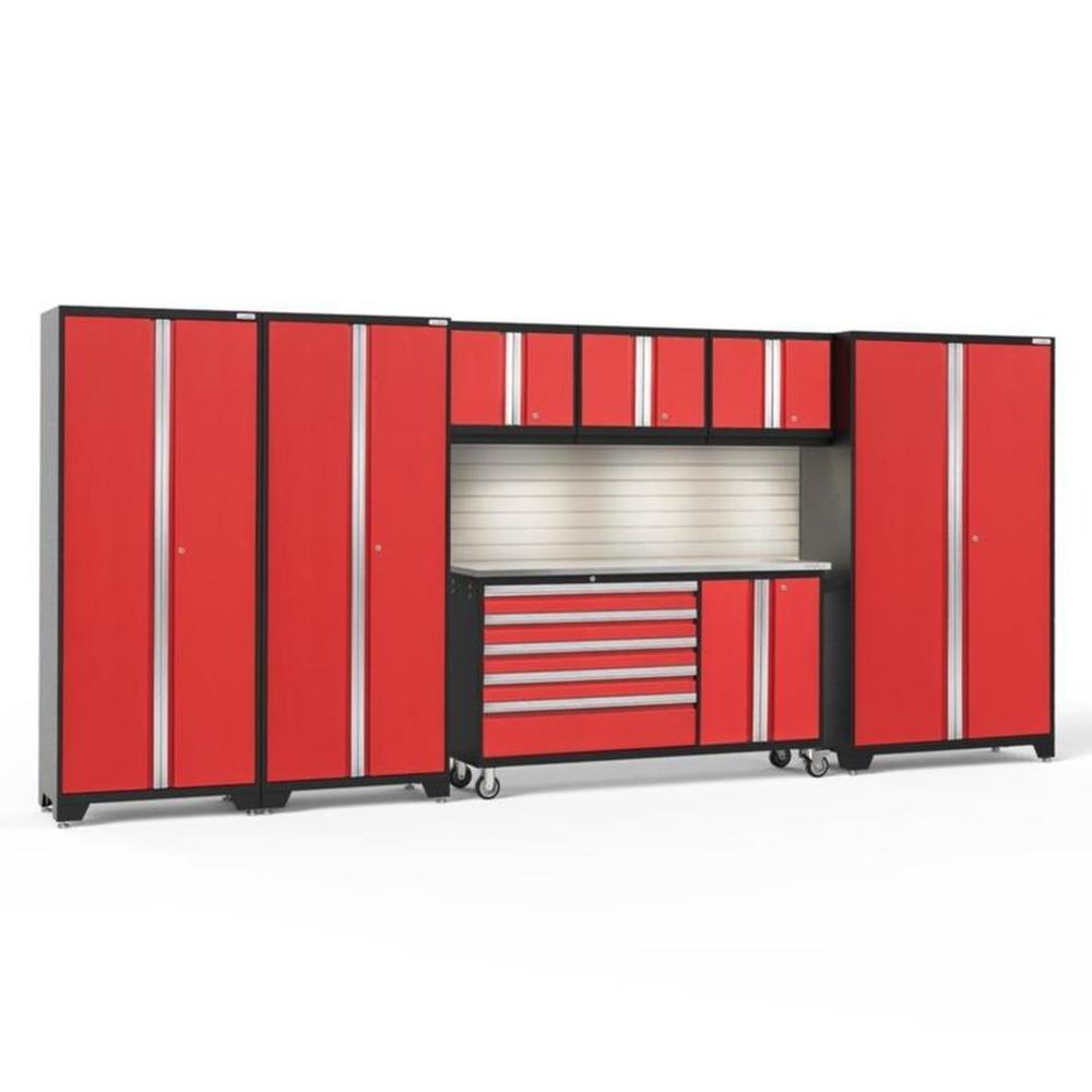 Newage Products Bold 3.0 Series 7-Piece Garage Cabinet Set With Project Center, Red / Stainless Steel Worktop / LED Lights + Slatwall Backsplash